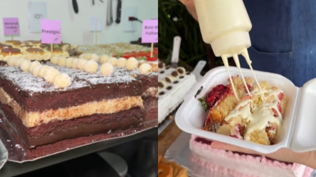 As confeiteiras oferecem diversos sabores e fatias generosas com direito a calda para finalizar (Créditos: reprodução/ TikTok @rolezandocascavel)