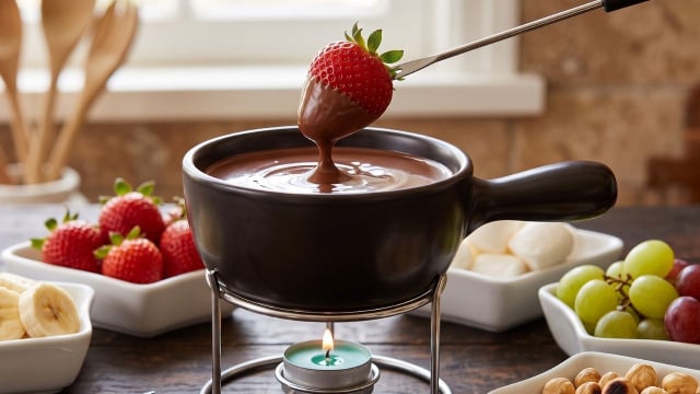 Fondue de Nutella supergostoso com variedades de acompanhamentos (Créditos: Gerado por IA)