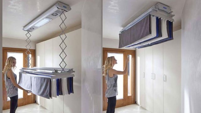 Moderno, o varal elétrico é acionado com controle remoto e tem até luz de LED embutida (Créditos: Reprodução/Foxydry)