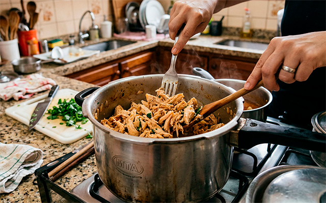 Testei a técnica da panela de pressão para desfiar frango e realmente ficou pronto em segundos