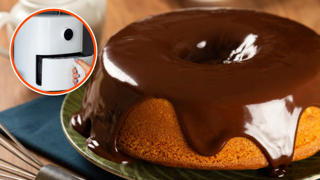 Bolo de cenoura na air fryer com calda de chocolate: minha tia me ensinou a temperatura e o tempo exatos para ficar perfeito!