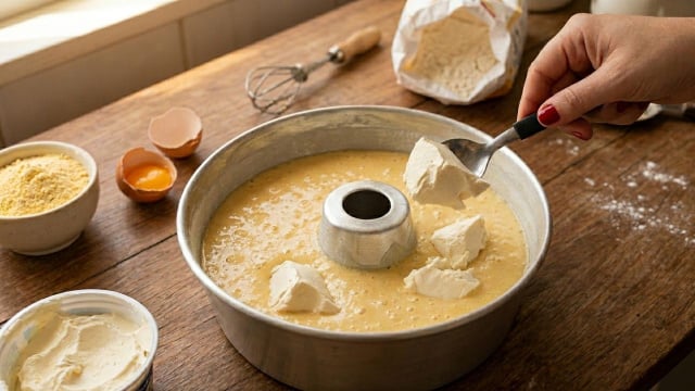 Experimente acrescentar colheradas de requeijão na massa para um bolo de milho que derrete na boca! (Créditos: Imagem gerada com IA)