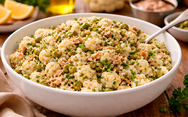 Parece maionese de batata, mas é uma salada de couve-flor com atum muito mais leve que virou meu jantar favorito