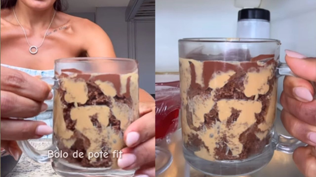 Bolo de pote fit (e suculento!) da Carol Peixinho: mistura tudo, 3 minutos no micro-ondas e monta no copo com o recheio