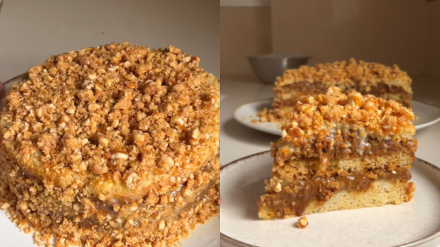 Bolo crocante de amendoim com doce de leite: receita simples com massa fofinha tem duas camadas generosas de recheio