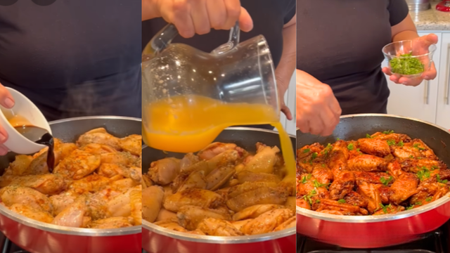 A combinação do molho shoyu com o suco de laranja vai garantir mais sabor ao frango e uma crostinha dourada e caramelizada por fora (Créditos: Reprodução / YouTube @DelíciasdaEleni)