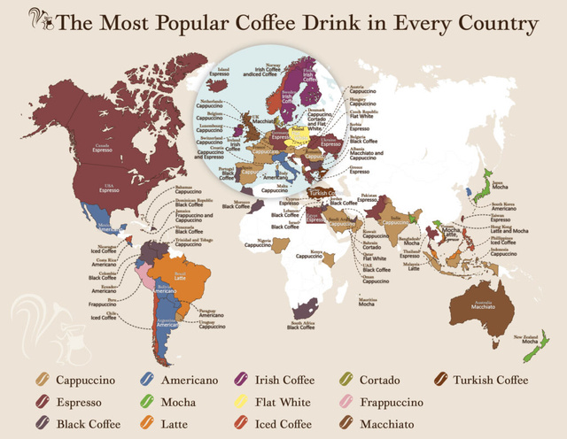 As bebidas de café mais populares do mundo, por país. (créditos: Coffeeness)