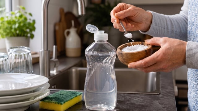 Adiciono uma pitada de sal ao detergente: um truque barato que me salva na cozinha há anos