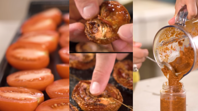 Após levar os tomates ao forno eles ficam dourados e caramelizados, garantindo um sabor incrível (Créditos: Reprodução / YouTube @mohindi)