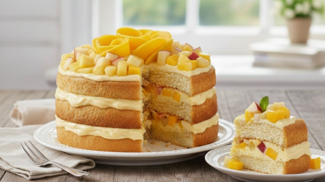 Bolo de manga com salada de frutas no recheio com fatia cortada (Créditos: Gerado por IA)