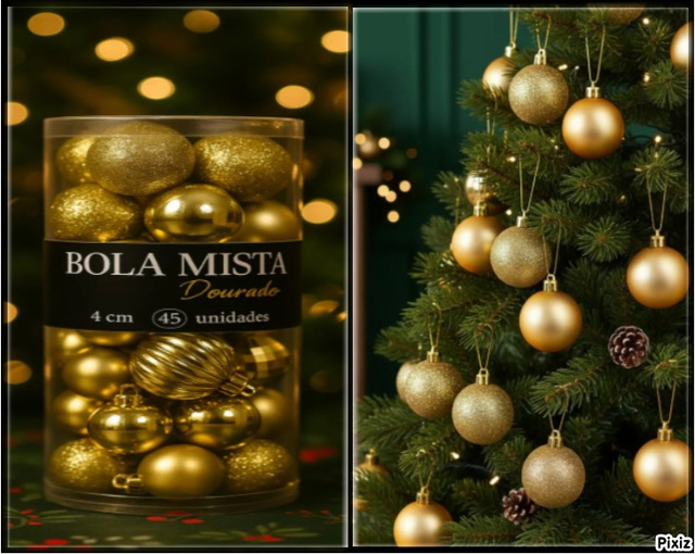Adicione um toque elegante e festivo à sua decoração natalícia com este conjunto de bolas mistas douradas (Imagem: Mercado Livre).