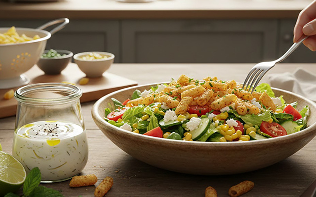 É só tacar macarrão cozido na airfryer para fazer uma salada crocante que você vai querer comer todos os dias