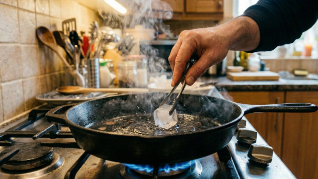 É por isso que você deve passar um cubo de gelo na frigideira quente: truque inusitado é muito útil na cozinha