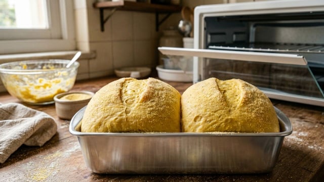Fazer o processo de fermentação direito e respeitar o tempo da massa são essenciais para que o pão de milho cresça bonito (Créditos: Imagem gerada com IA)