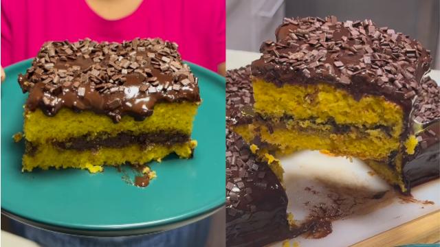 Bolo de cenoura fofinho da vovó com cobertura de brigadeiro já sai recheado do forno: faço essa receita fácil toda semana