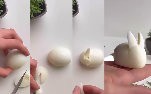 A ideia mais genial (e fofa!) que você vai ver nessa Páscoa: como servir ovo cozido em forma de coelhinho, é só cortar e encaixar!