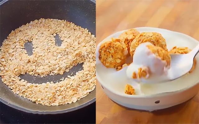 Vi essa receita genial na internet: bolinho de aveia torrada, banana e mel para comer com iogurte, fiz e deu certo!
