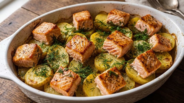 Cubos de salmão sobre uma cama de batatas macias com um molho defumado: receita para o jantar perfeito!