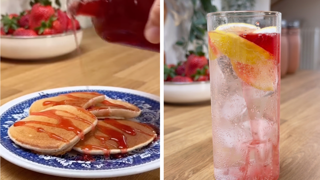Soda italiana e panquecas preparadas com calda natural de morango. (Foto: reprodução @abetaqfaz no Instagram)