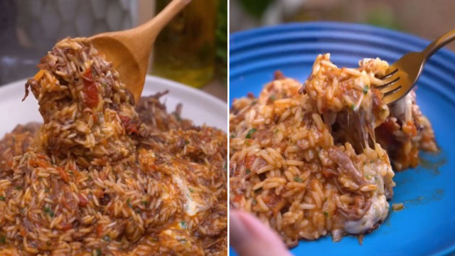 Arroz e carne feitos juntos na panela de pressão: eu ainda finalizo com queijo, meu marido sempre pede mais!