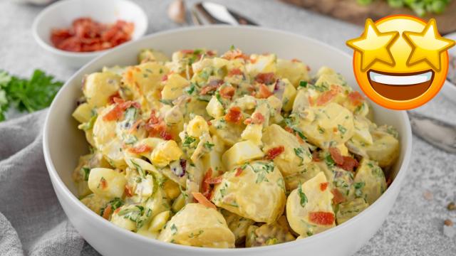 Batata com maionese e bacon é o acompanhamento perfeito para o seu almoço de domingo