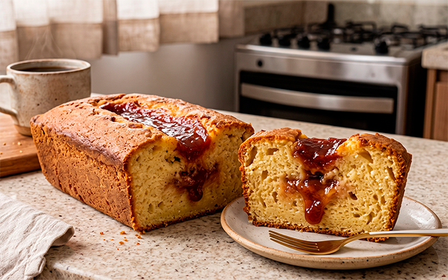 Bolo de iogurte com goiabada que já sai recheado do forno: a receita perfeita para servir com cafezinho