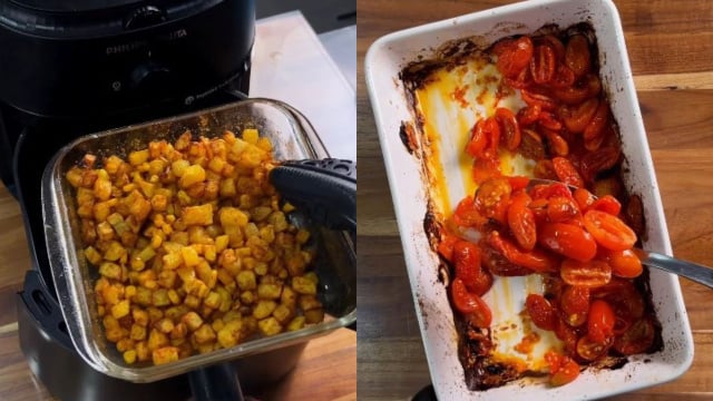 A batata e o milho ficam crocantes na air fryer, enquanto os tomates são assados para ficarem mais adocicados (Créditos: Reprodução/@lucaslacerdanutri/Instagram)