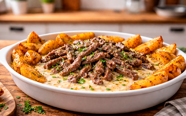 Melhor que petisco de restaurante superfaturado: tirinhas de carne com creme de queijo e batatas superfácil de fazer