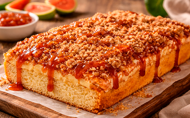 Cuca de goiabada cremosa: massa que derrete na boca e a farofa mais crocante que você já viu!