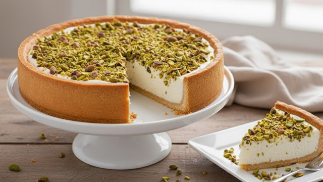 Torta de pistache com massa crocante e recheio de coco aveludado fácil de fazer (Créditos: Gerado por IA)