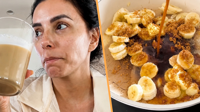 Eva Longoria, aos 51 anos: "Quando tenho bananas muito maduras, uso-as para fazer meu café gelado favorito, caramelizando-as com manteiga e açúcar."