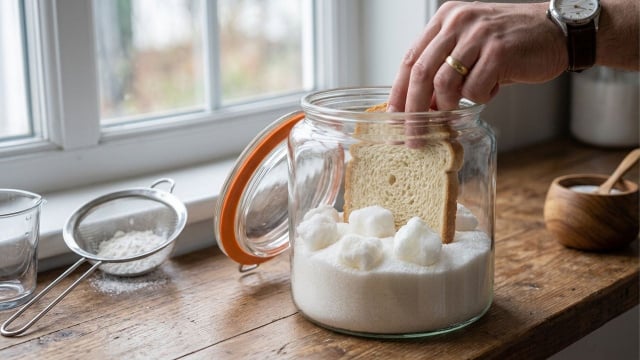 Deixar uma fatia de pão dentro do pote de açúcar por algumas horas pode eliminar as "pedras" e soltar os grãos (Créditos: Imagem gerada com IA)