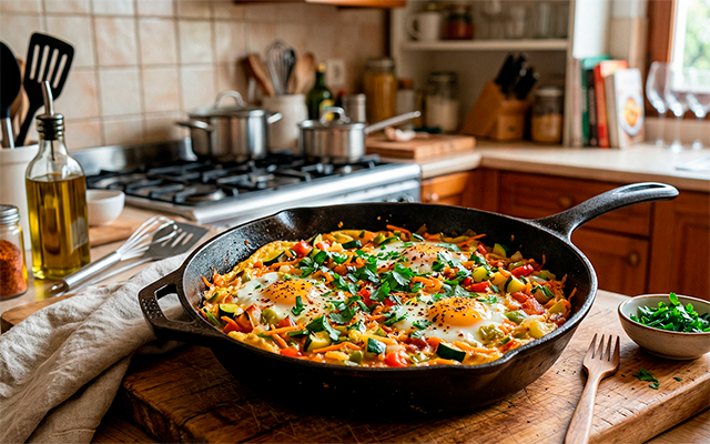 Essa receita com ovos e legumes na frigideira ficou tão boa que virou meu jantar favorito da semana