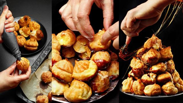 Massa choux recheada com creme e coberta com caramelo: é isso que faz um croquembouche clássico (Créditos: Shutterstock)
 