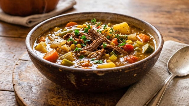 Com a queda nas temperaturas, nada melhor do que essa sopa de legumes com carne desfiada para o jantar!