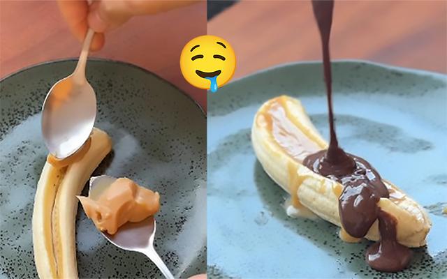 Banana recheada com calda proteica para ter um doce nutritivo fácil de fazer e ser saudável todo dia!