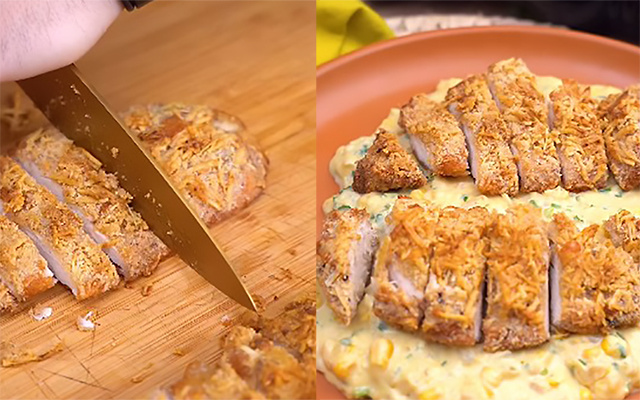 Nem farinha de trigo, nem fritura: esse frango empanado com creme de milho é o melhor prato low carb que já comi na vida