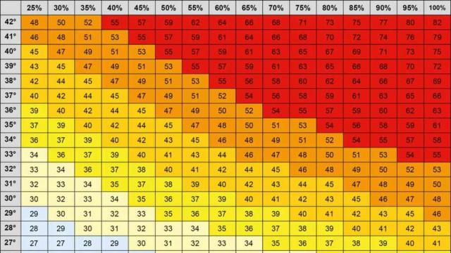 Tabela de cálculo de sensação térmica (Créditos: Núcleo de Climatologia Aplicada da USP)