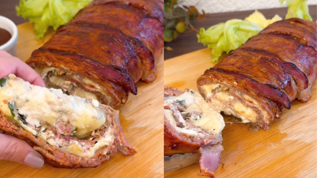 Esse rocambole de carne recheado com queijo e coberto com tiras de bacon faz o maior sucesso na minha casa aos finais de semana