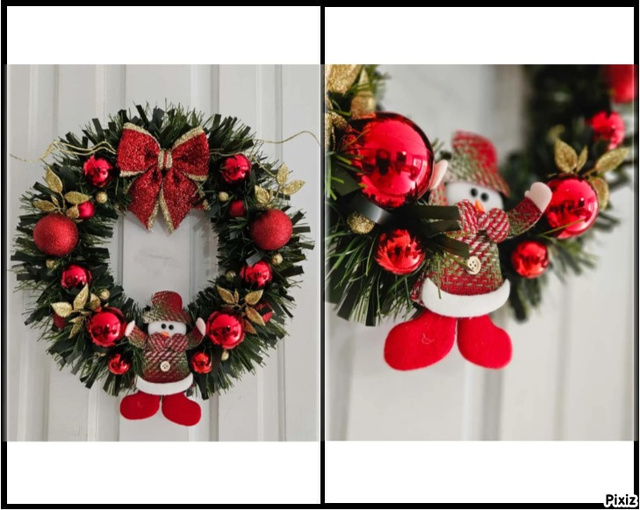 Guirlanda natalina artesanal com acabamento clássico em vermelho e dourado (Imagem: Mercado Livre).