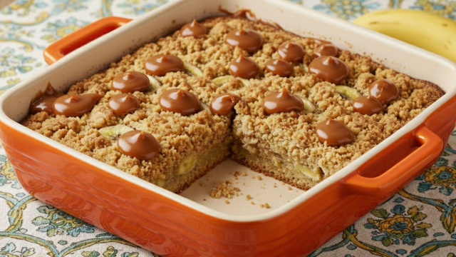 Cuca de banana com doce de leite na travessa (Créditos: Gerada por IA)