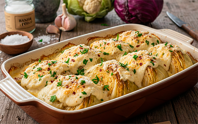 Repolho assado com creme de couve-flor é o prato diferente perfeito pra variar o sabor e comer sem culpa