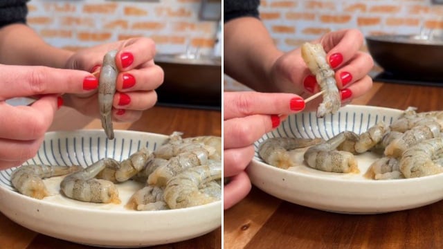 Intestino do camarão fica nas costas e o cordão nervoso fica na barriga do camarão (Créditos: Reprodução/@femendes.fe/Instagram)