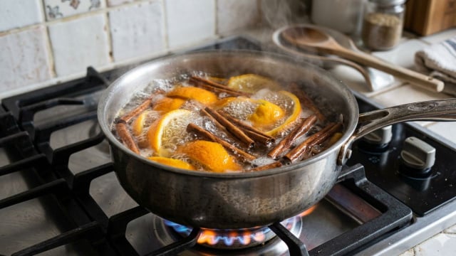 O truque de ferver casca de laranja com especiarias ajuda a deixar o ambiente mais fresco e cheiroso (Créditos: Imagem gerada com IA) 