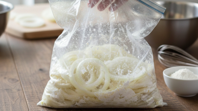 Coloque cebola e mistura para panquecas em um saco plástico e agite por exatamente 10 segundos... Como é que eu não sabia disso?