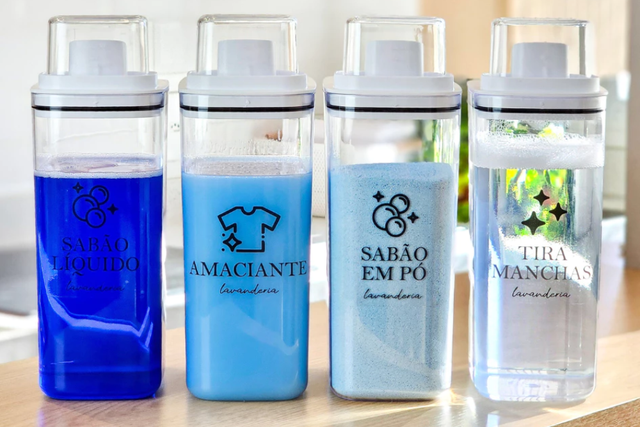 Dispensers transparentes que organizam sabão e amaciante (Divulgação: Shopee).