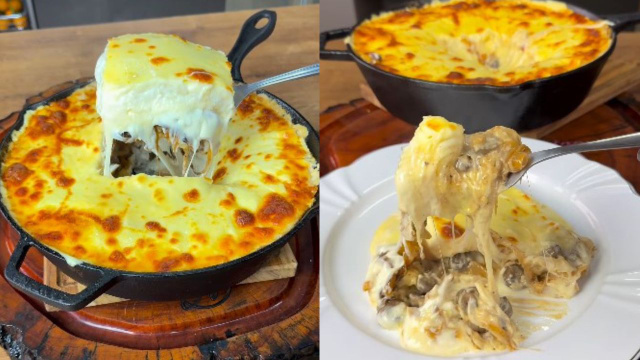 Aprendi uma receita diferente que é um sucesso aqui em casa: escondidinho de coração de galinha e cebola caramelizada