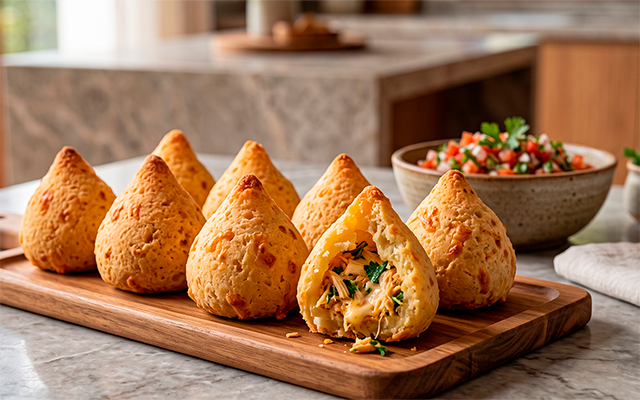 Sem ovo, nem farinha, nem fritura: coxinha de pão de queijo é o lanche do TudoGostoso perfeito para qualquer hora
