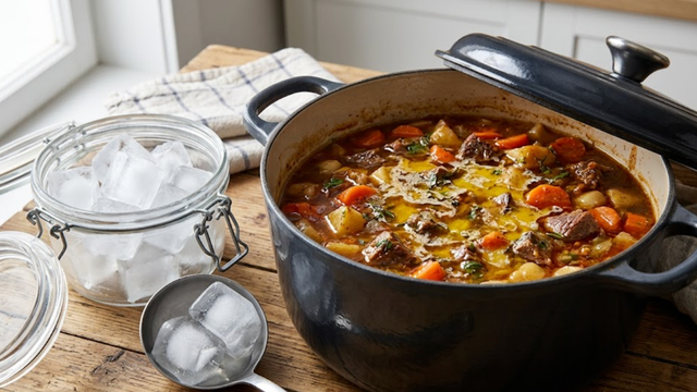 Caldo de carne caseiro bem limpo e livre de gorduras na superfície, ideal para uma refeição leve. (Foto: Gerada por IA)