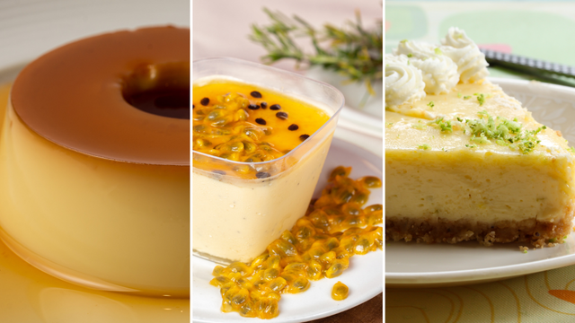 3 sobremesas que nunca falham no almoço de domingo: pudim de leite, mousse de maracujá e torta de limão
